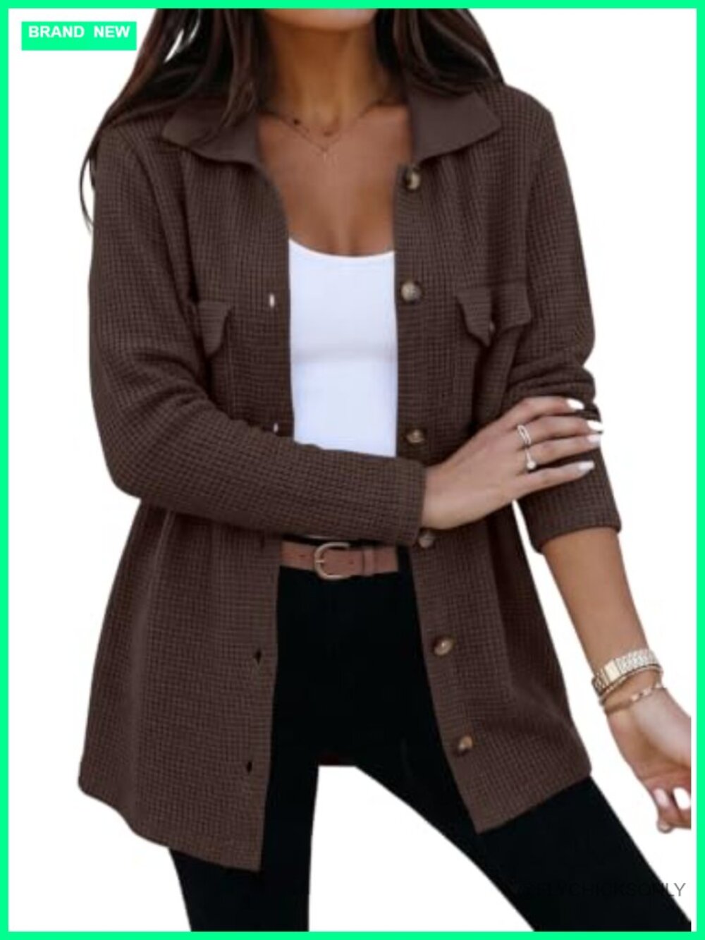 Waffle Chunky Knit Cardigan Shacket Button Down V-Neck Oversized